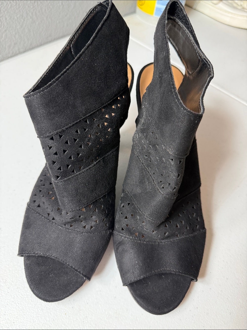 C M  Black Suede Perforated Open-Toe Block Heel Booties